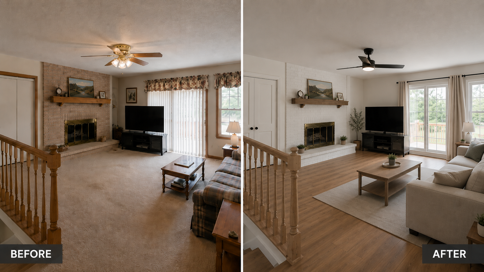 1980s family room before and after with oak trim, brick fireplace, and updated flooring.