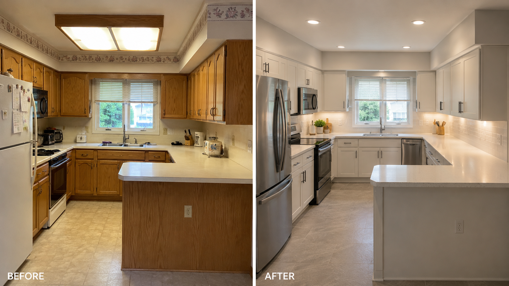 Before-and-after view of the same 1980s oak kitchen updated with painted cabinets, new lighting, counters, backsplash, and calmer flooring.