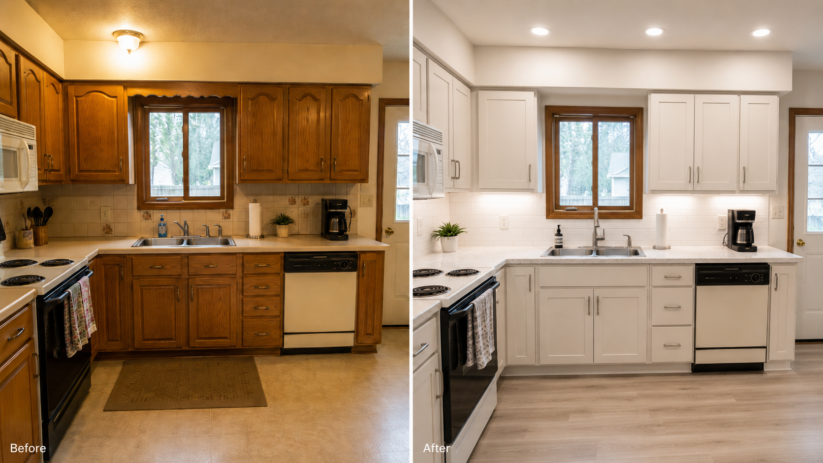 Before-and-after view of the same 1980s kitchen showing oak cabinets before renovation and lighter updated cabinets after.