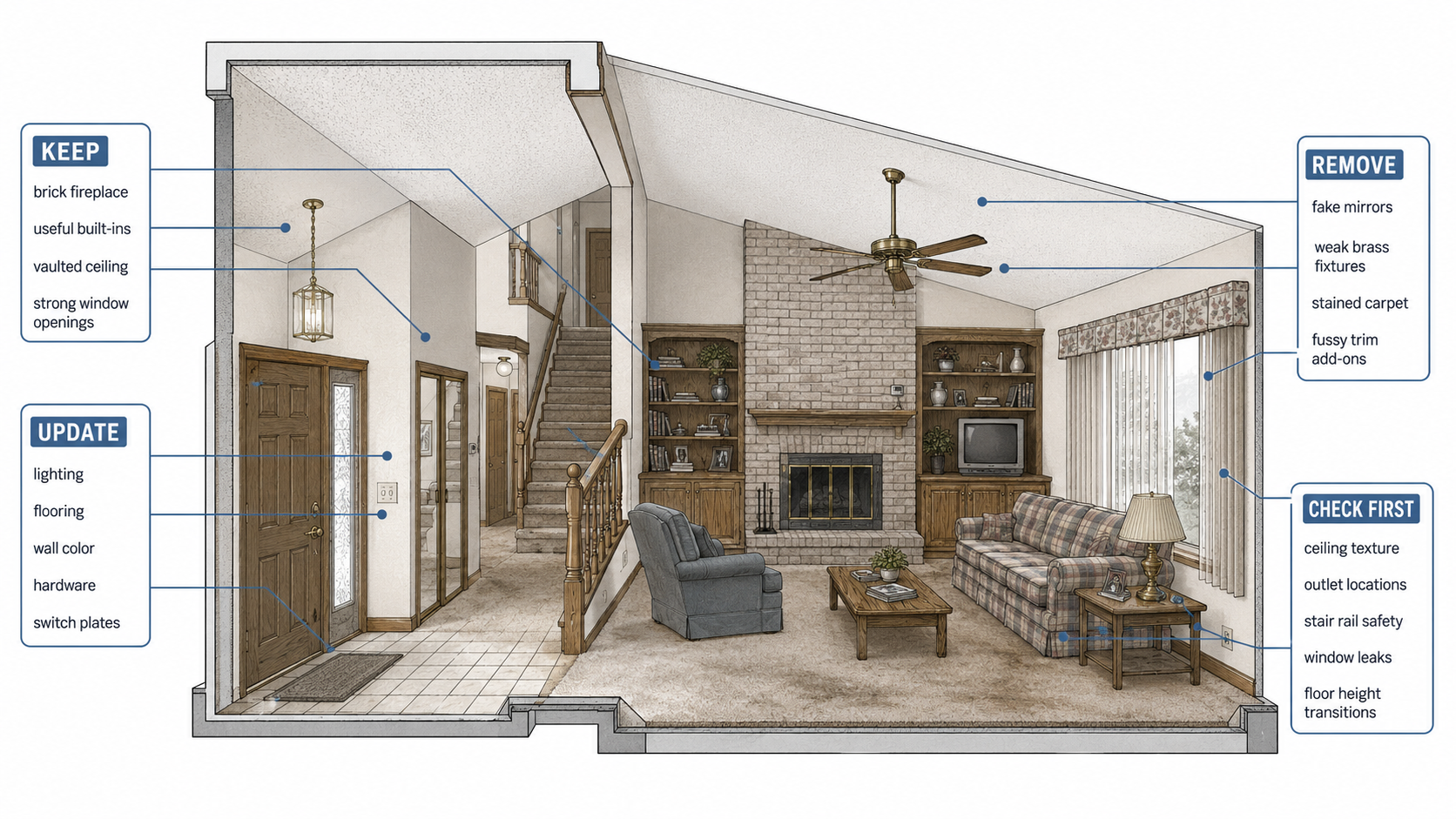 Modest 1980s family room with beige carpet, oak trim, brick fireplace, brass ceiling fan, vertical blinds, and mirrored doors.