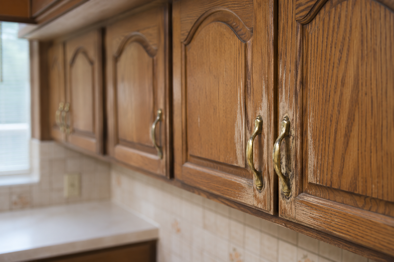 Close-up of worn 1980s honey oak kitchen cabinets with brass pulls, arched doors, visible grain, and dated backsplash.