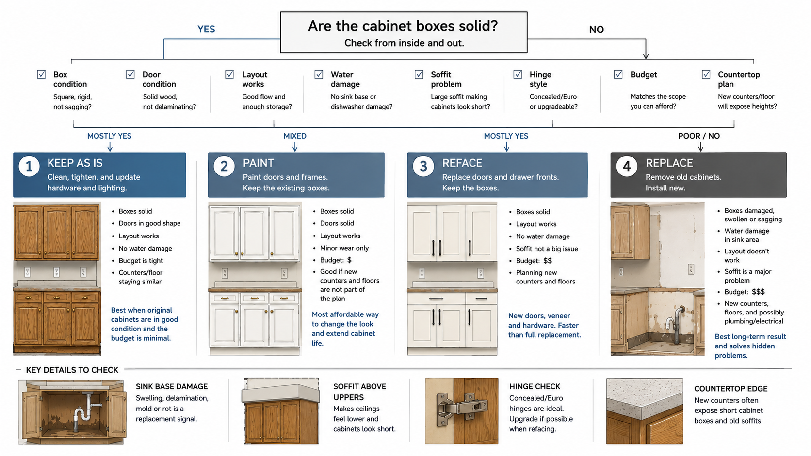 Decision map comparing when to keep, paint, reface, or replace 1980s oak kitchen cabinets based on box condition, layout, soffits, damage, and budget.