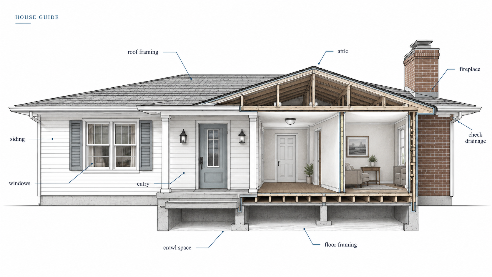 Architectural cutaway map of a modest 1980s ranch house showing siding, windows, attic, roof framing, drainage, fireplace, crawl space, and floor framing.