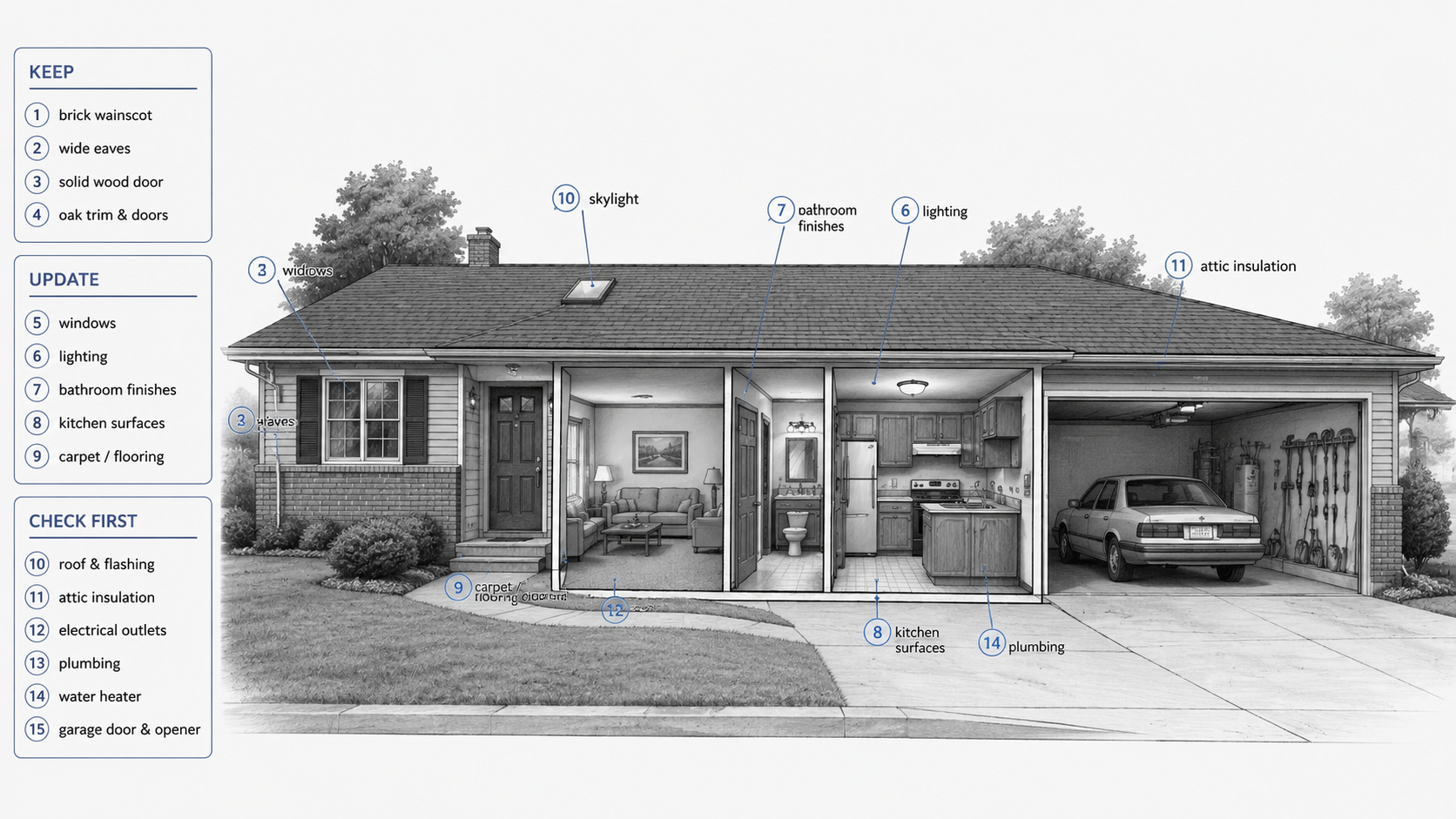 Cutaway diagram of a 1980s ranch house showing exterior features, living room, bathroom, kitchen, attic, and garage items to keep, update, or check first.