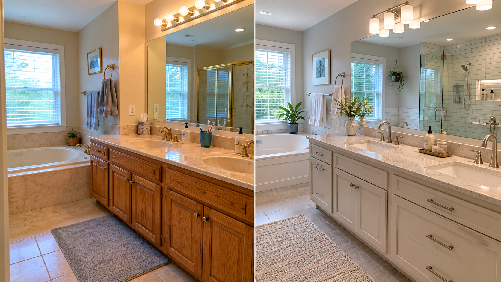 Before and after 1990s bathroom remodel with updated vanity, lighting, shower, tile, and fixtures.