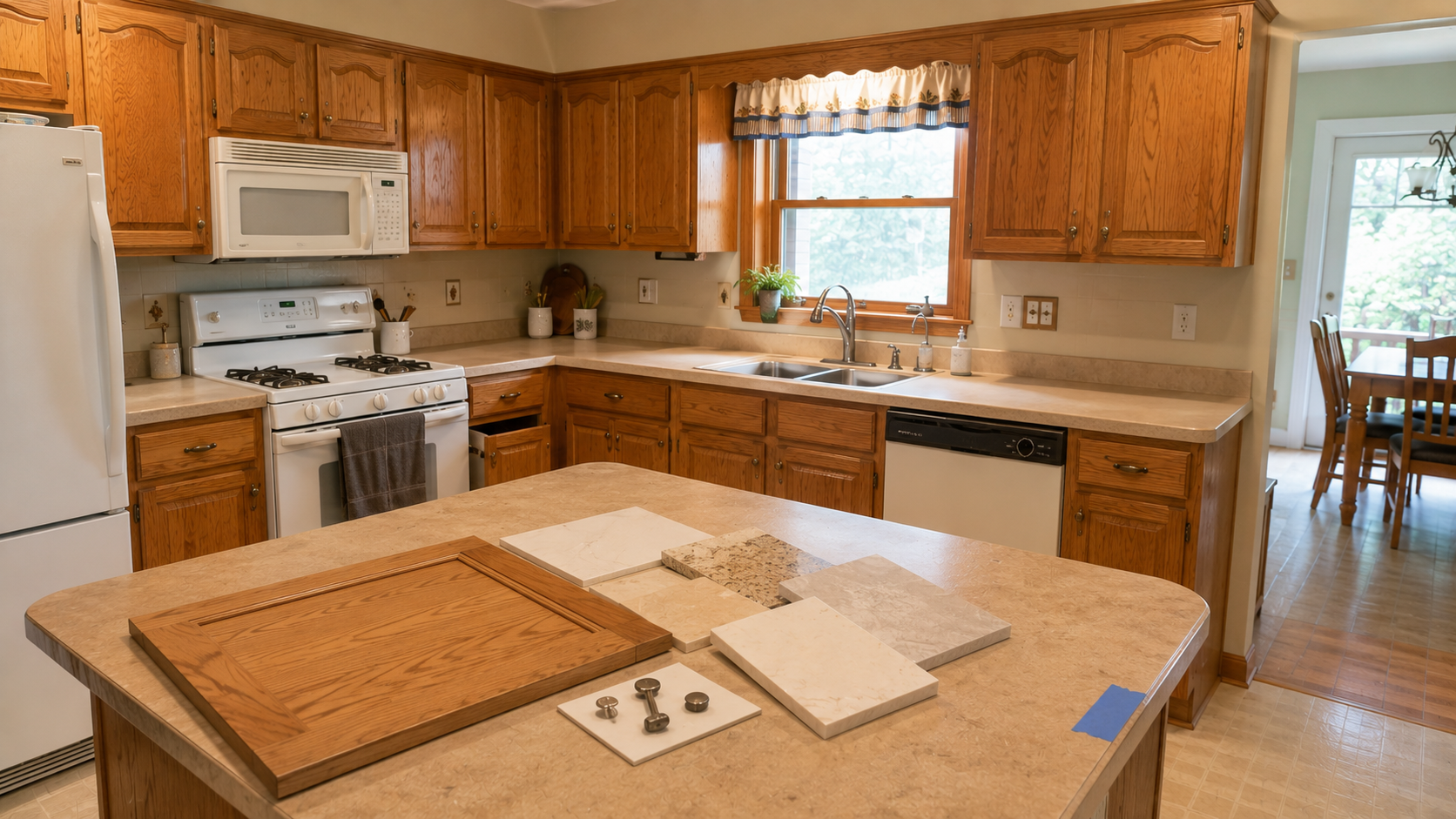 1990s oak kitchen with cabinet door, hardware, and material samples before a remodel decision.