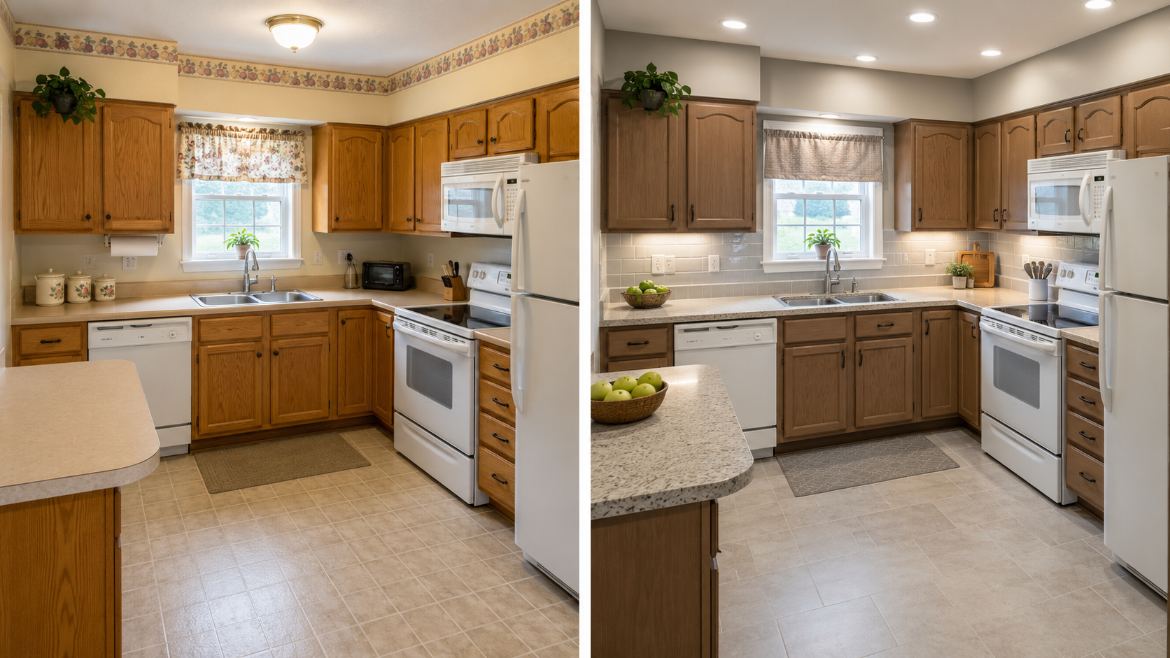 Before and after 1990s kitchen update with improved lighting, counters, backsplash, and cabinet finish.