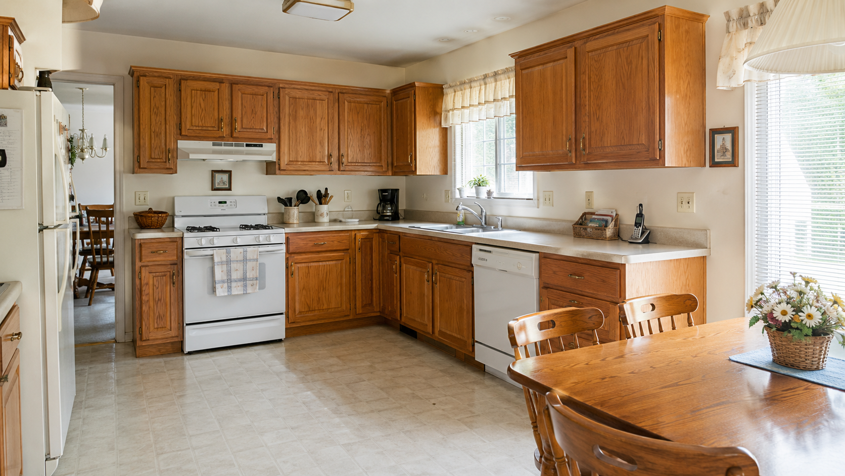 1990s kitchen with honey oak cabinets, laminate counters, white appliances, and breakfast table.