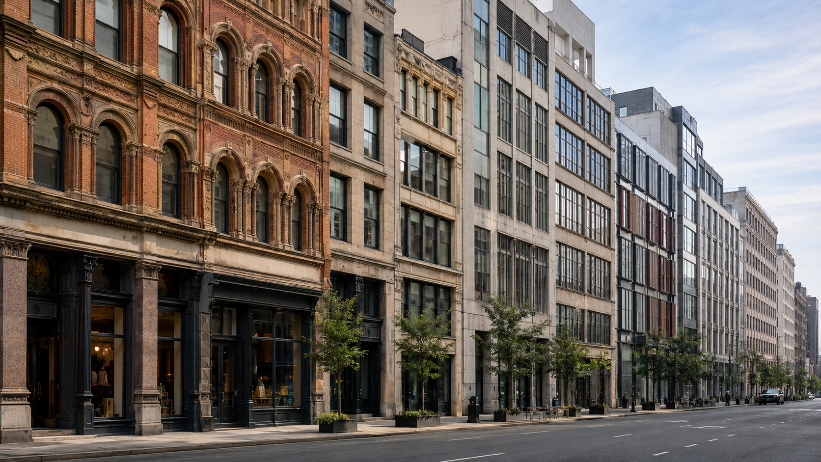 Urban street showing 19th-century masonry buildings beside cleaner 20th-century modern buildings.