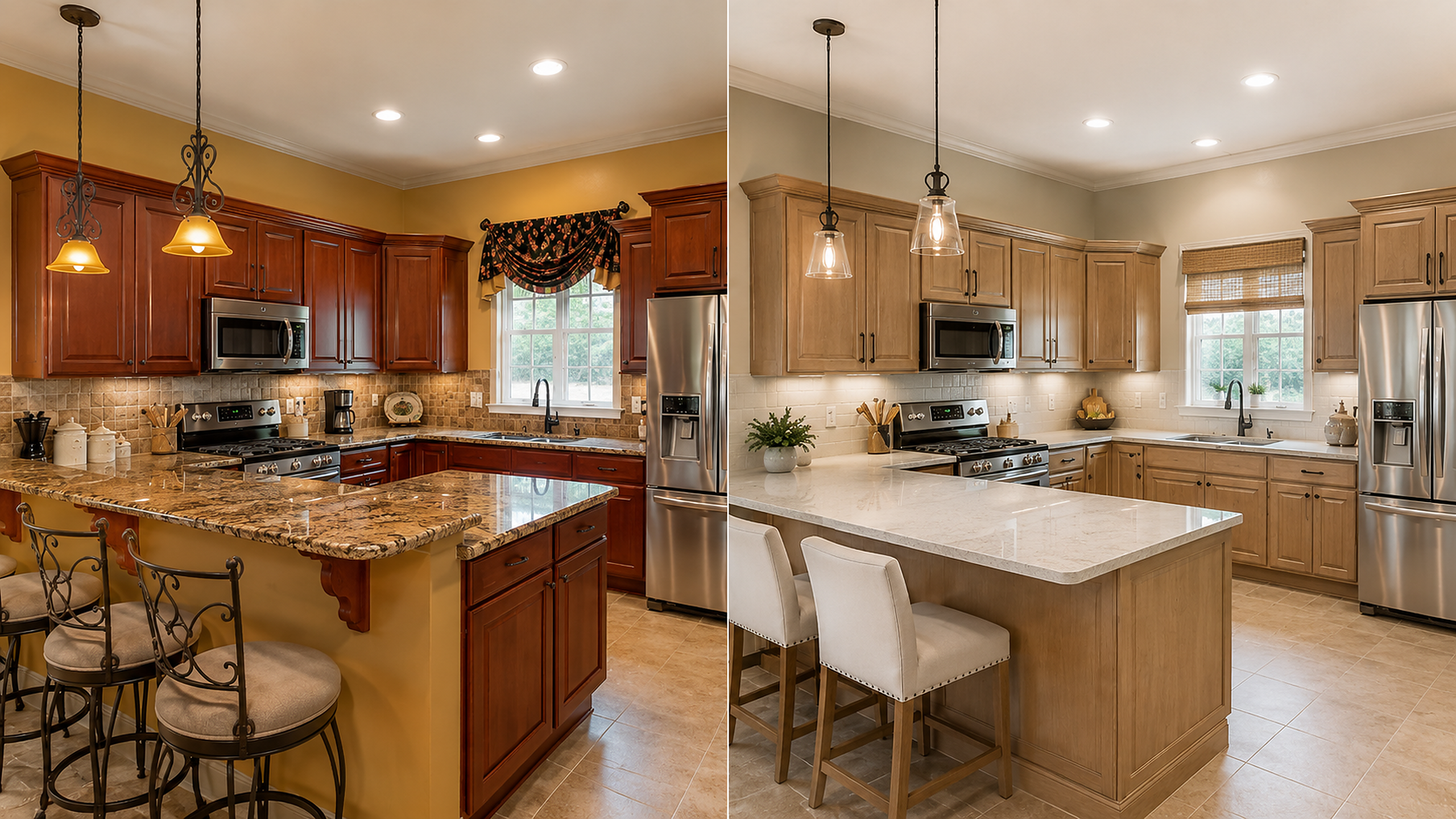 Before and after 2000s kitchen remodel with cherry cabinets, brown granite, beige tile, and lighter updated finishes.