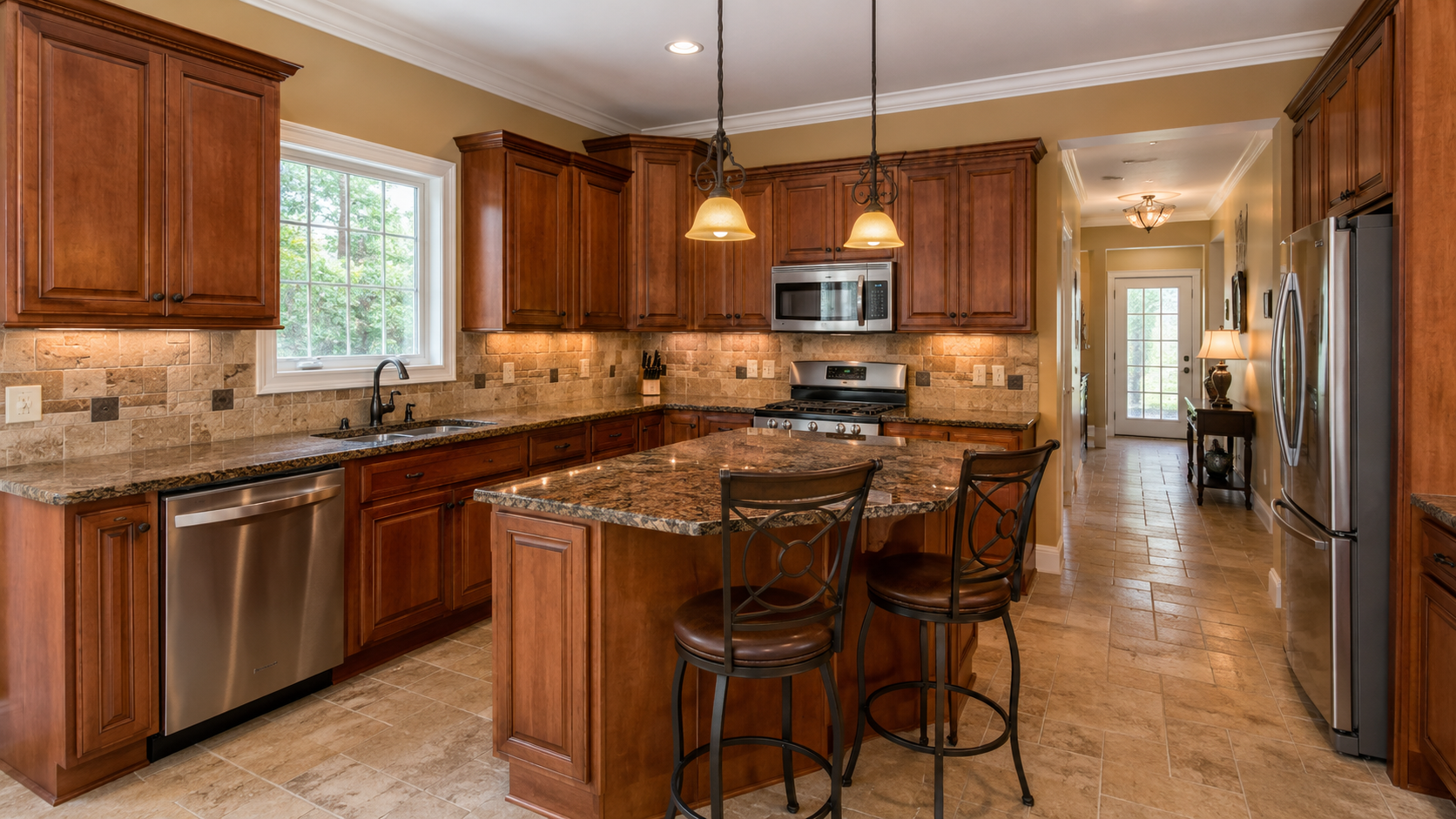 Dated 2000s kitchen with cherry cabinets, brown granite, beige tile, stone backsplash, and bronze fixtures.