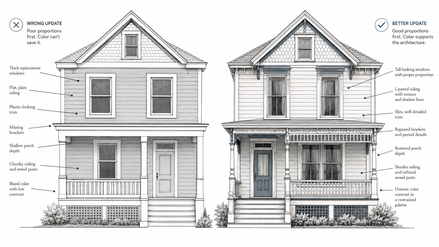 Wrong and right Victorian house update showing how windows, porch depth, trim, brackets, siding, and color affect the style.