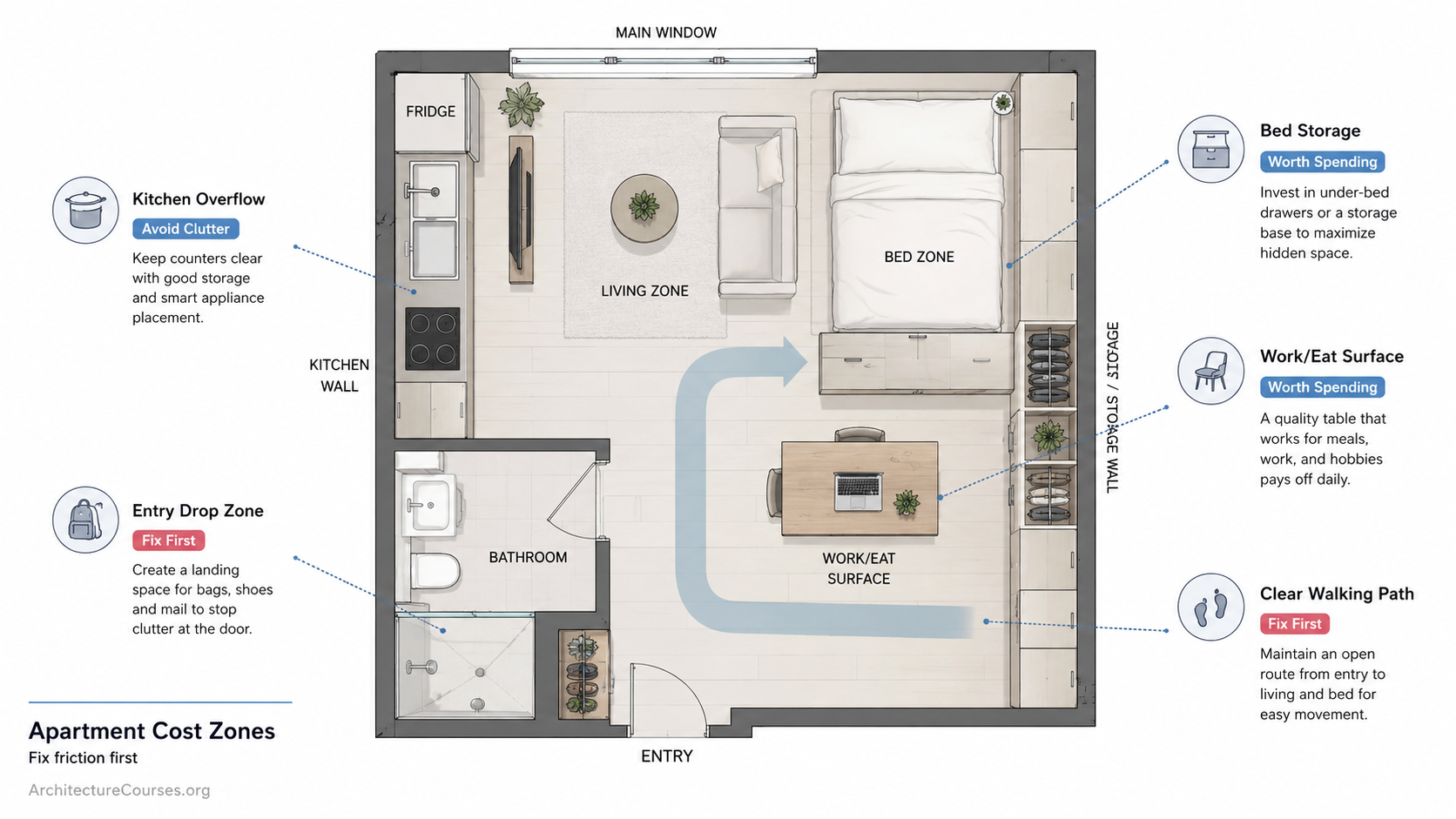 Diagram showing where small apartment space is wasted and which fixes give the best value.
