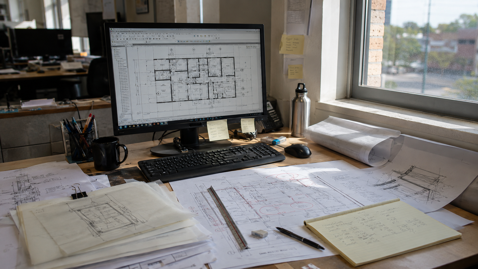 Architectural draftsman desk with CAD drawing, redlined plans, scale ruler, trace paper, and construction detail notes.