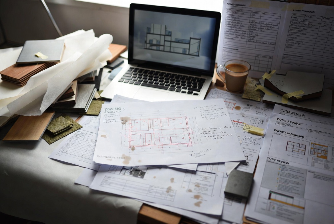 Architecture desk with zoning, code review, energy modeling sheets, laptop, and material samples.