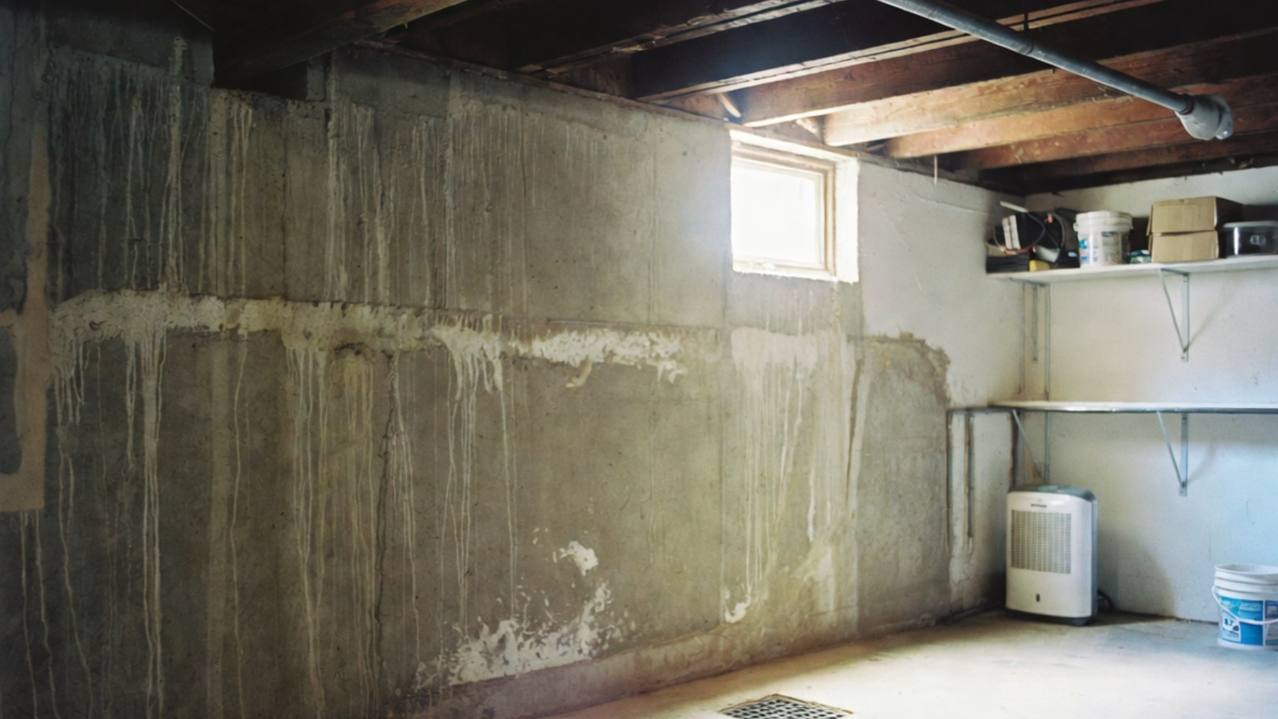 Older basement wall with damp staining, floor drain, and dehumidifier.