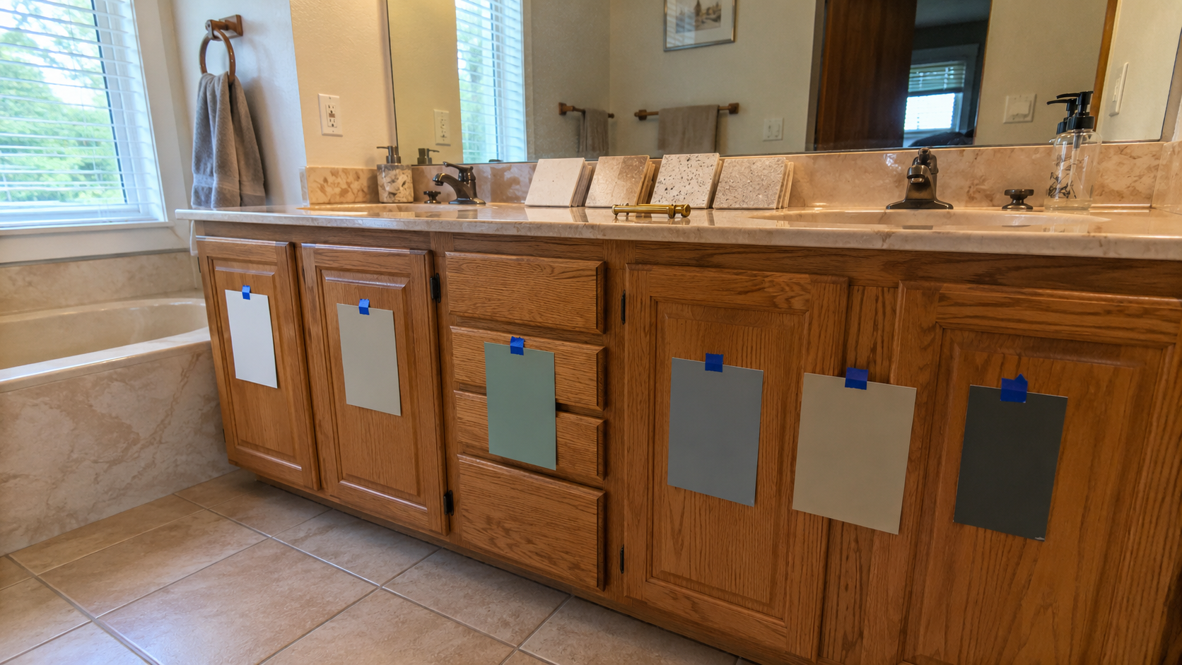1990s bathroom oak vanity with paint, tile, and counter samples before remodeling.