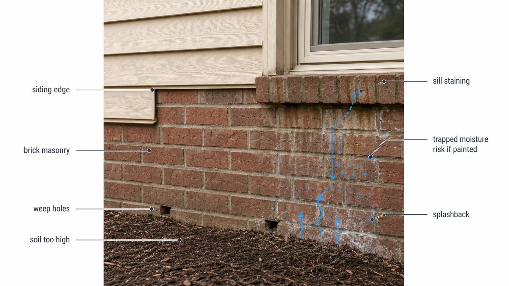 Diagram showing 1980s brick wall moisture risks from paint, mulch, weep holes, and sill staining.