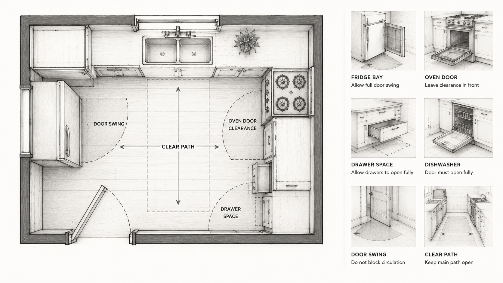 Diagram showing cabinet runs and appliance clearances in a compact 1920s kitchen remodel.