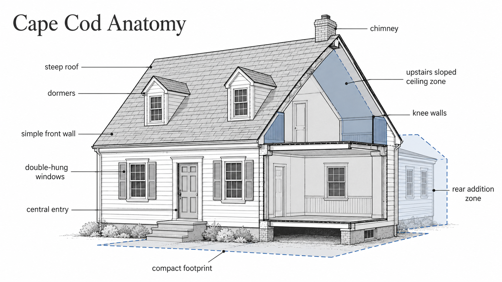 Diagram of a Cape Cod house showing roof, dormers, chimney, knee walls, sloped upstairs space, and rear addition zone.