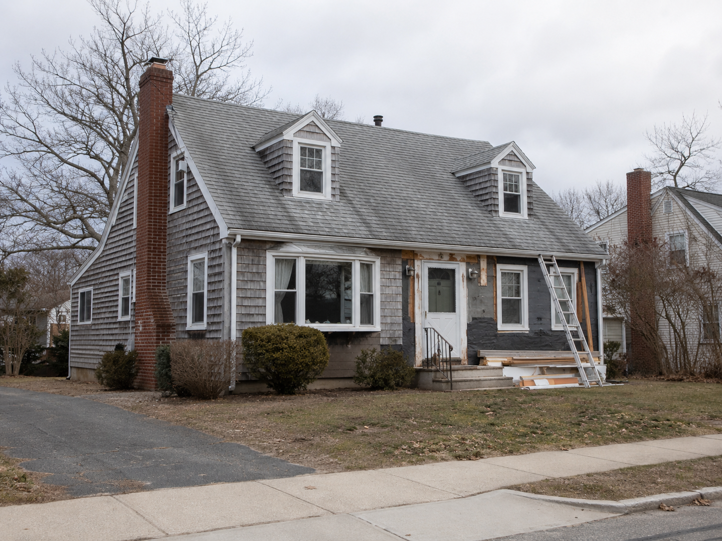 Older Cape Cod house exterior during remodeling with ladder, patched siding, dormers, and ordinary yard.