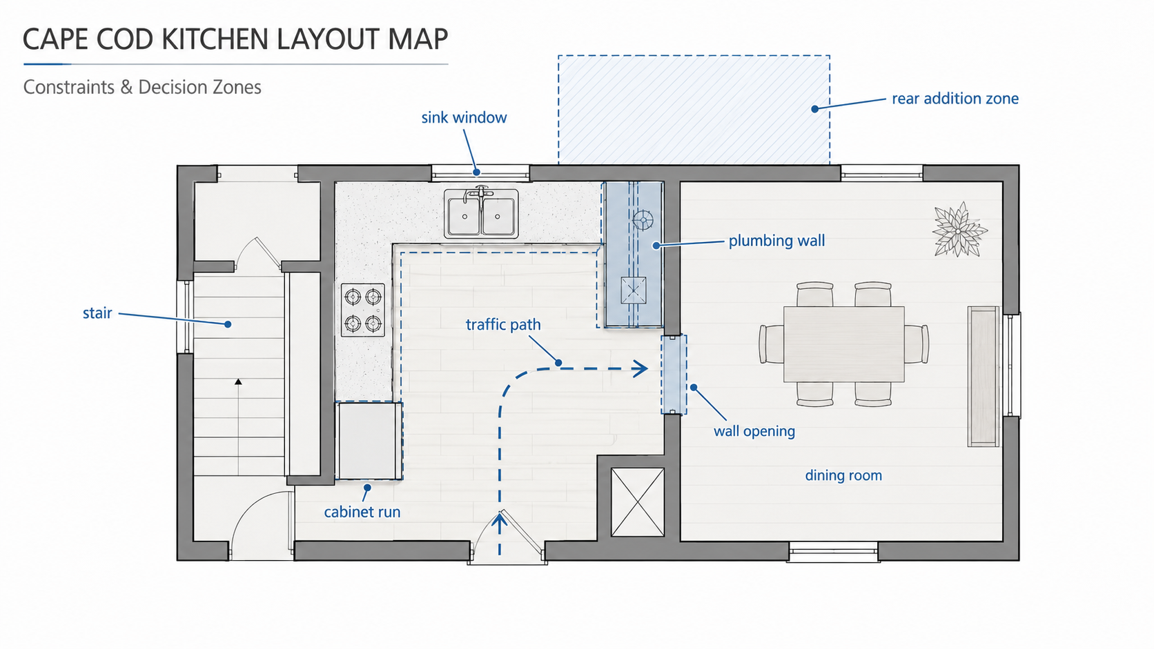 Diagram showing Cape Cod kitchen layout constraints including wall opening, stair, sink window, plumbing wall, traffic path, and rear addition zone.