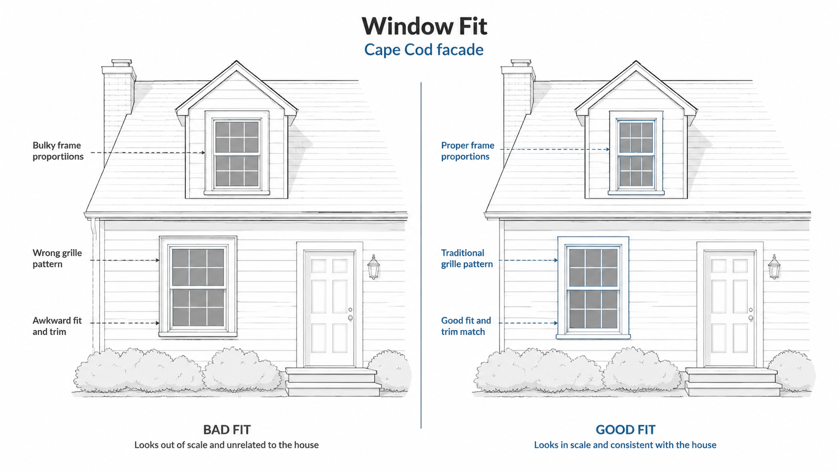 Diagram comparing bad and good replacement window fit on a Cape Cod house facade.