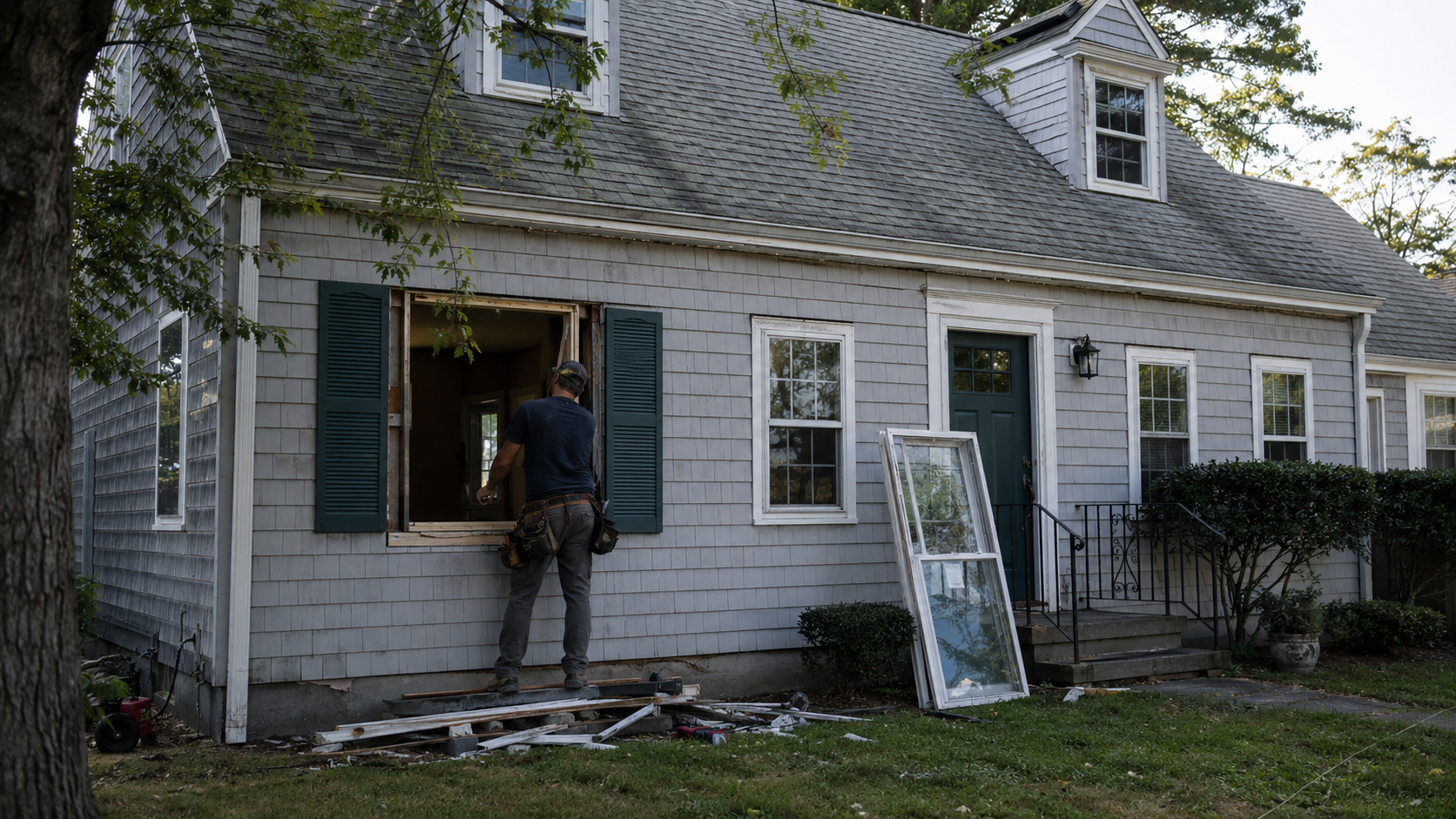 Cape Cod house during window replacement with an open window bay and worker outside.