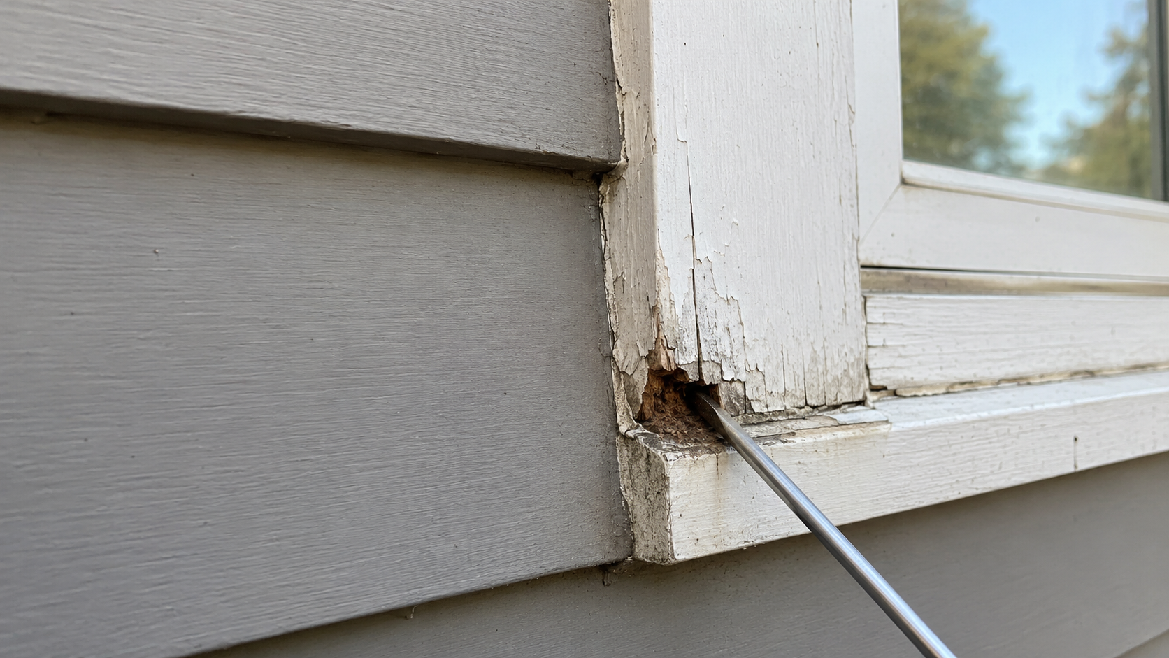 Awl checking soft rotten wood at window trim.