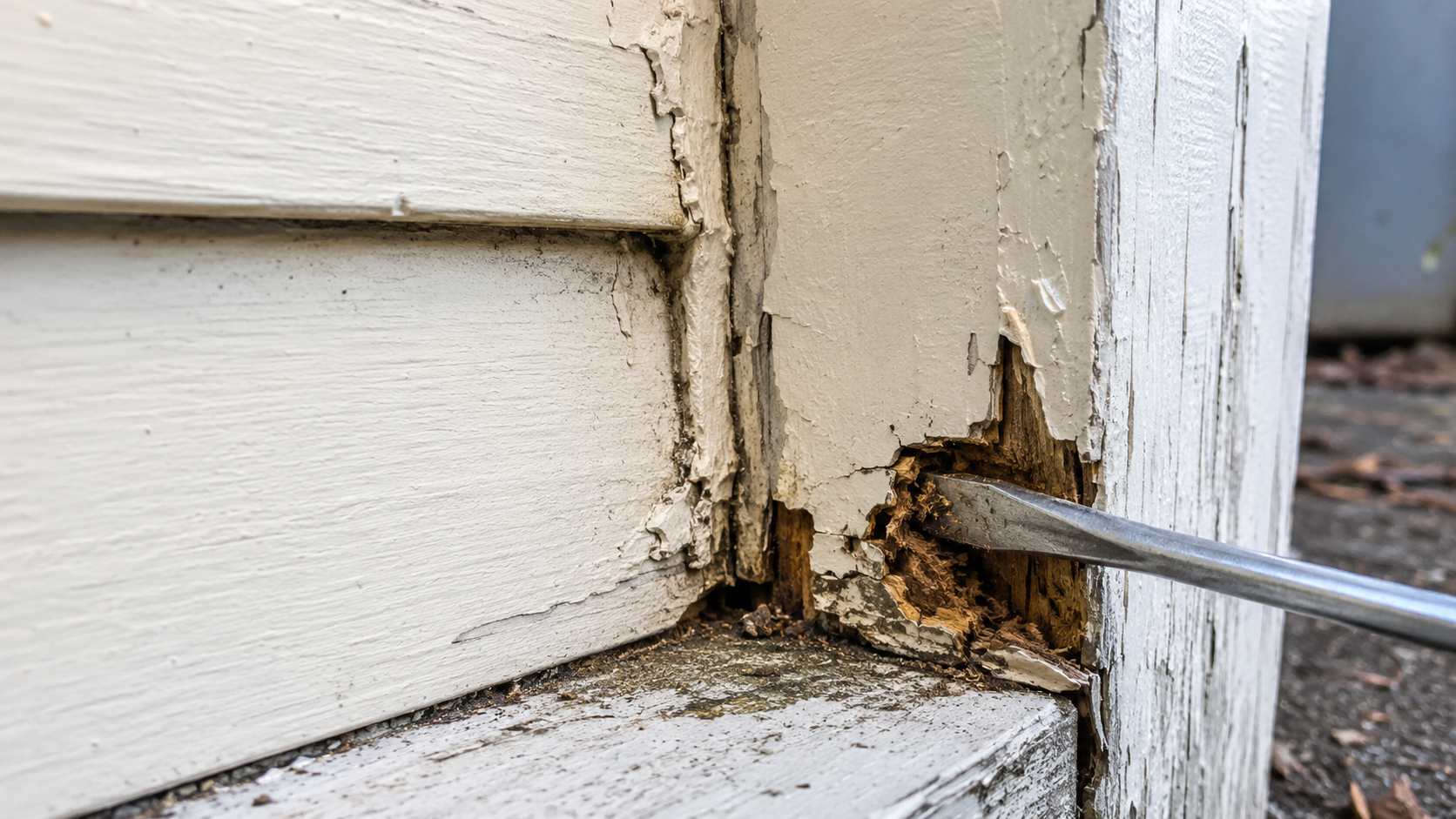 Tool checking soft rotten wood before repair.