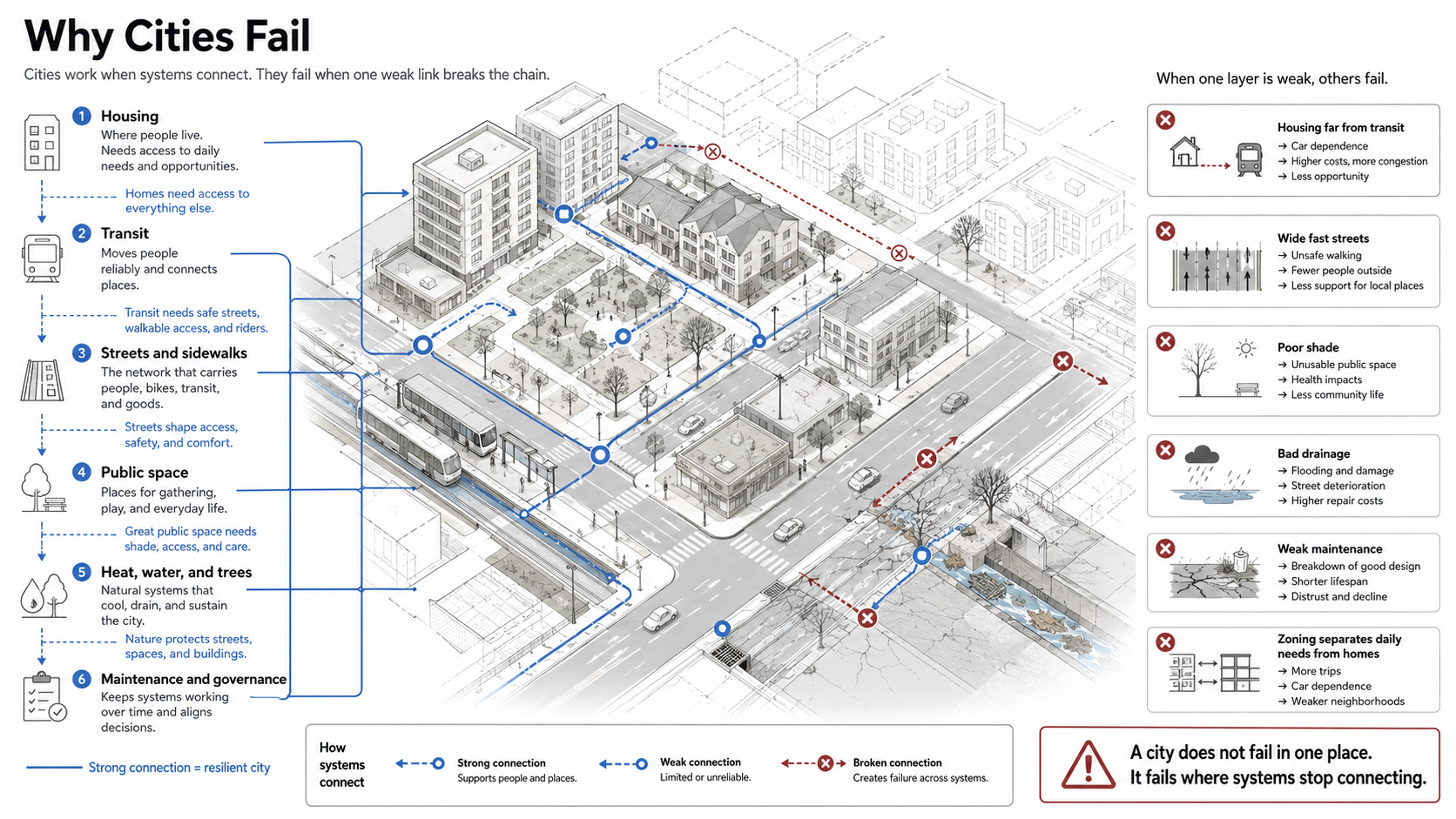 Diagram showing how housing, transit, streets, public space, heat, water, trees, and maintenance connect in urban planning.