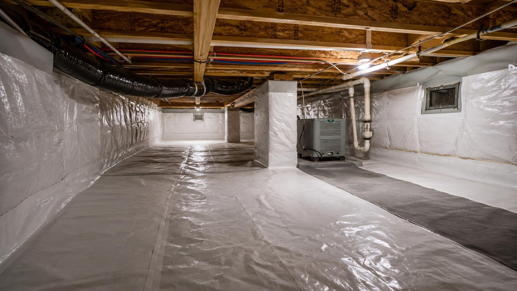 Encapsulated and conditioned crawl space with sealed vapor barrier, insulated crawl-space walls, sealed vents, joists, and dehumidifier.