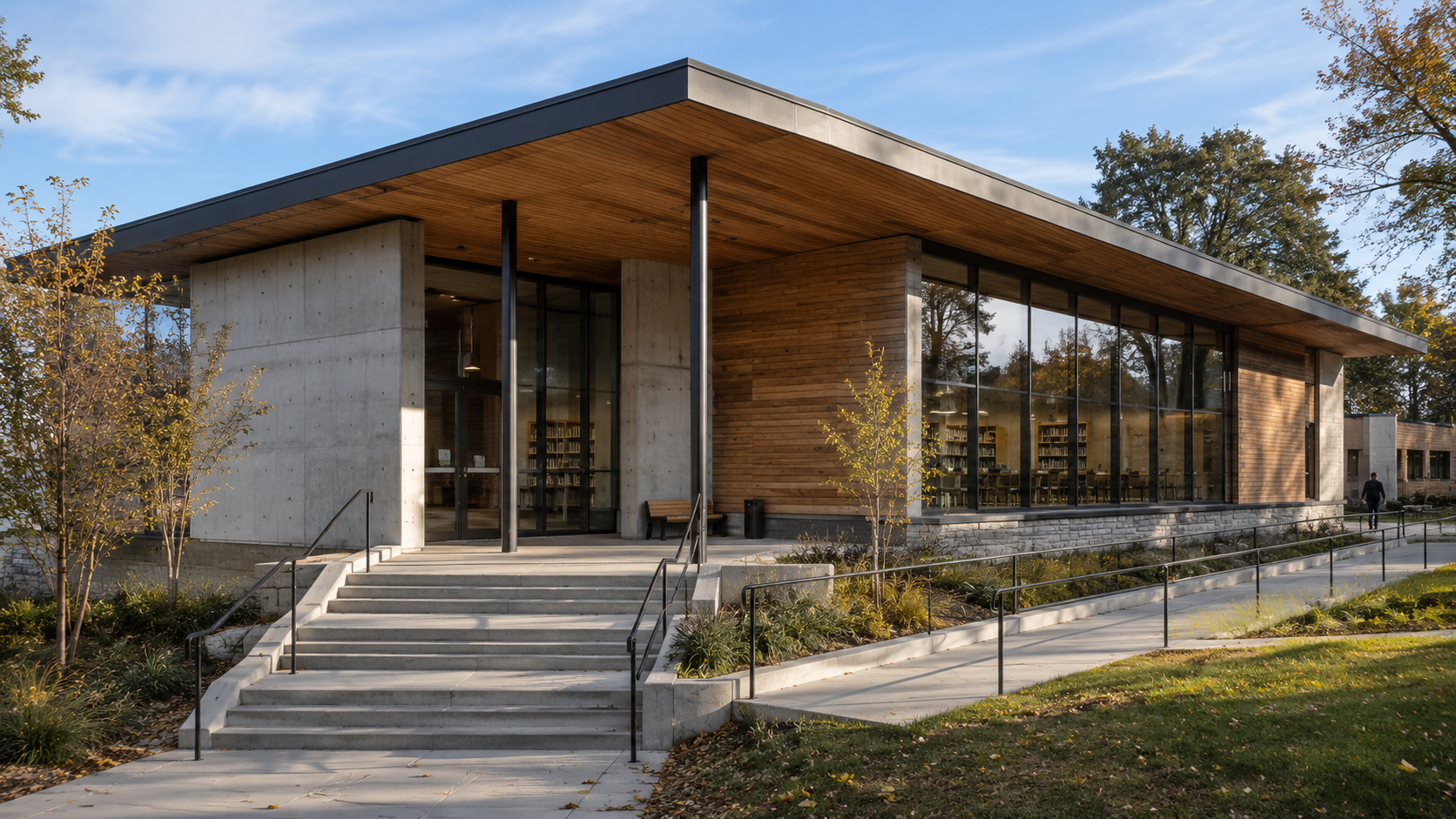 Contemporary public building showing roof planes, wall openings, structure, light, materials, scale, and circulation.