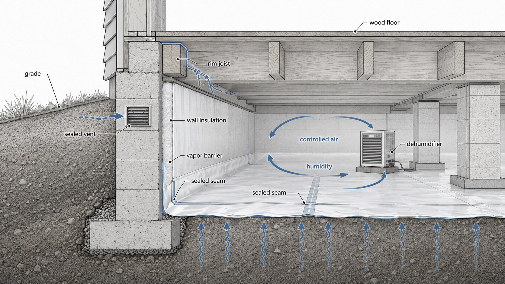 Crawl space section diagram showing vapor barrier, sealed seams, sealed vents, rim joist air sealing, wall insulation, dehumidifier, and controlled air path.