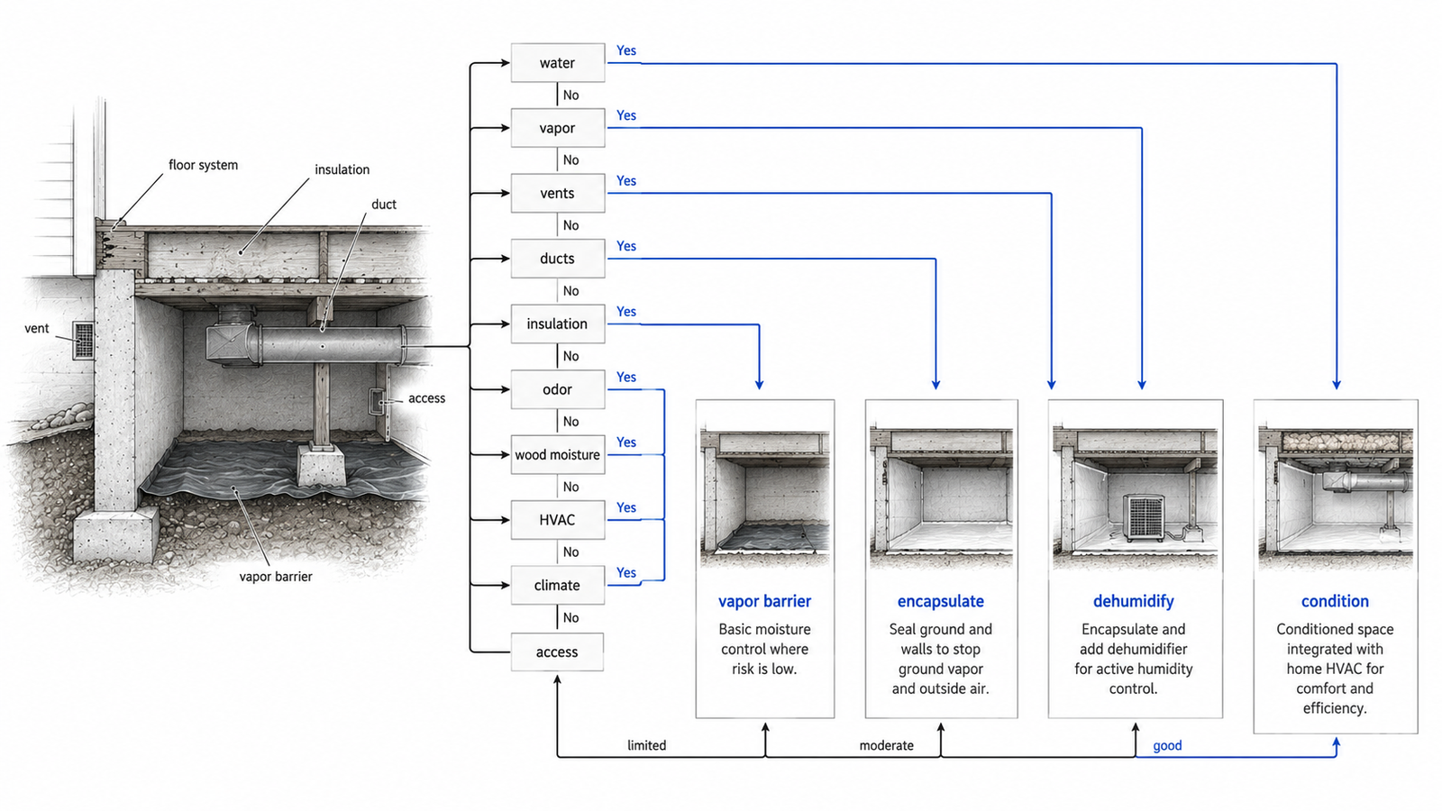 Decision diagram for vapor barrier, encapsulation, dehumidifier, or conditioned crawl space based on water, vapor, vents, ducts, insulation, odor, HVAC, climate, and access.