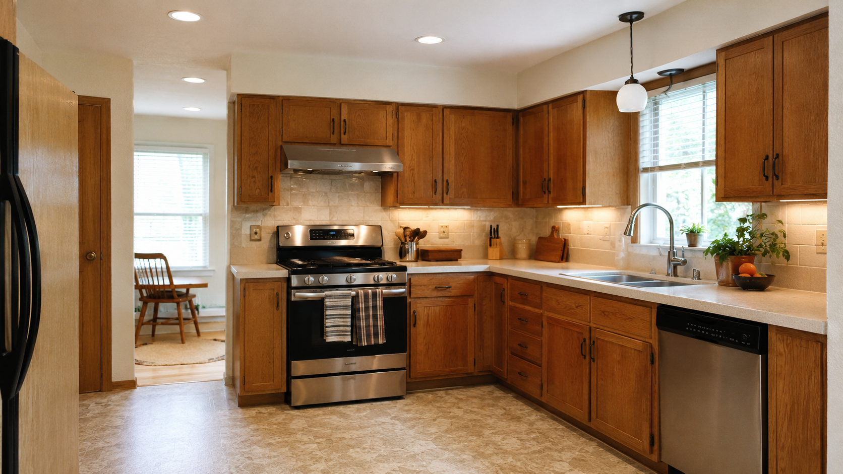 Dated 1970s kitchen before remodel with dark wood cabinets, soffits, linoleum floor, and older appliances.