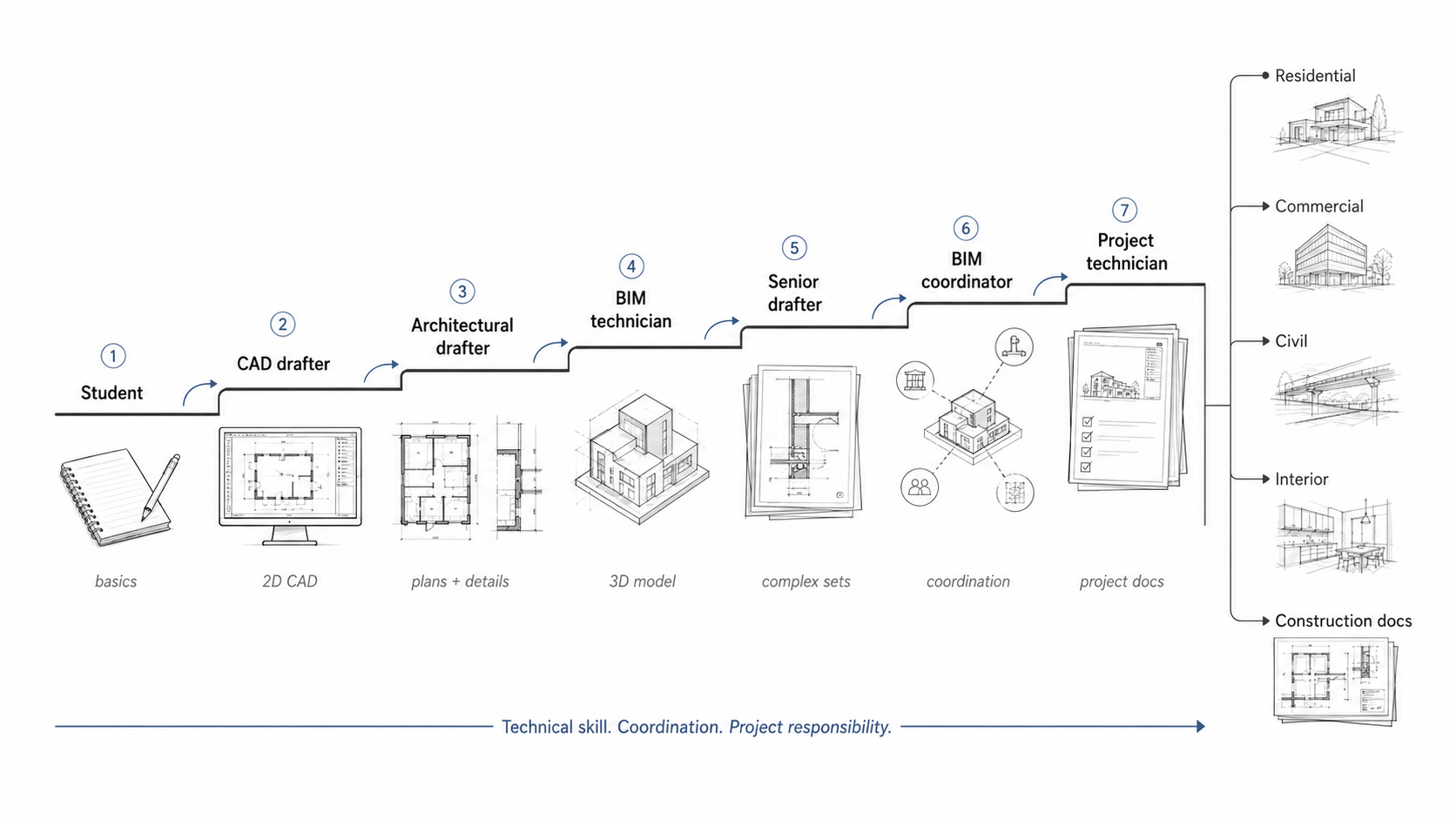 Visual career path diagram showing drafting roles from student and CAD drafter to BIM coordinator and project technician, with residential, commercial, civil, interior, and construction document branches.