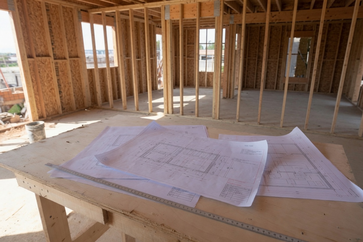 Blueprints on a jobsite table inside a framed building under construction.