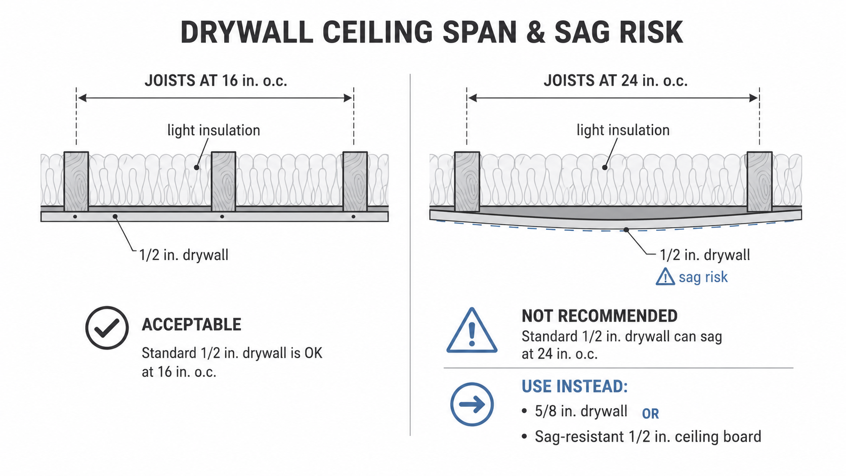 Diagram showing drywall ceiling sag risk at 16-inch and 24-inch framing spacing.