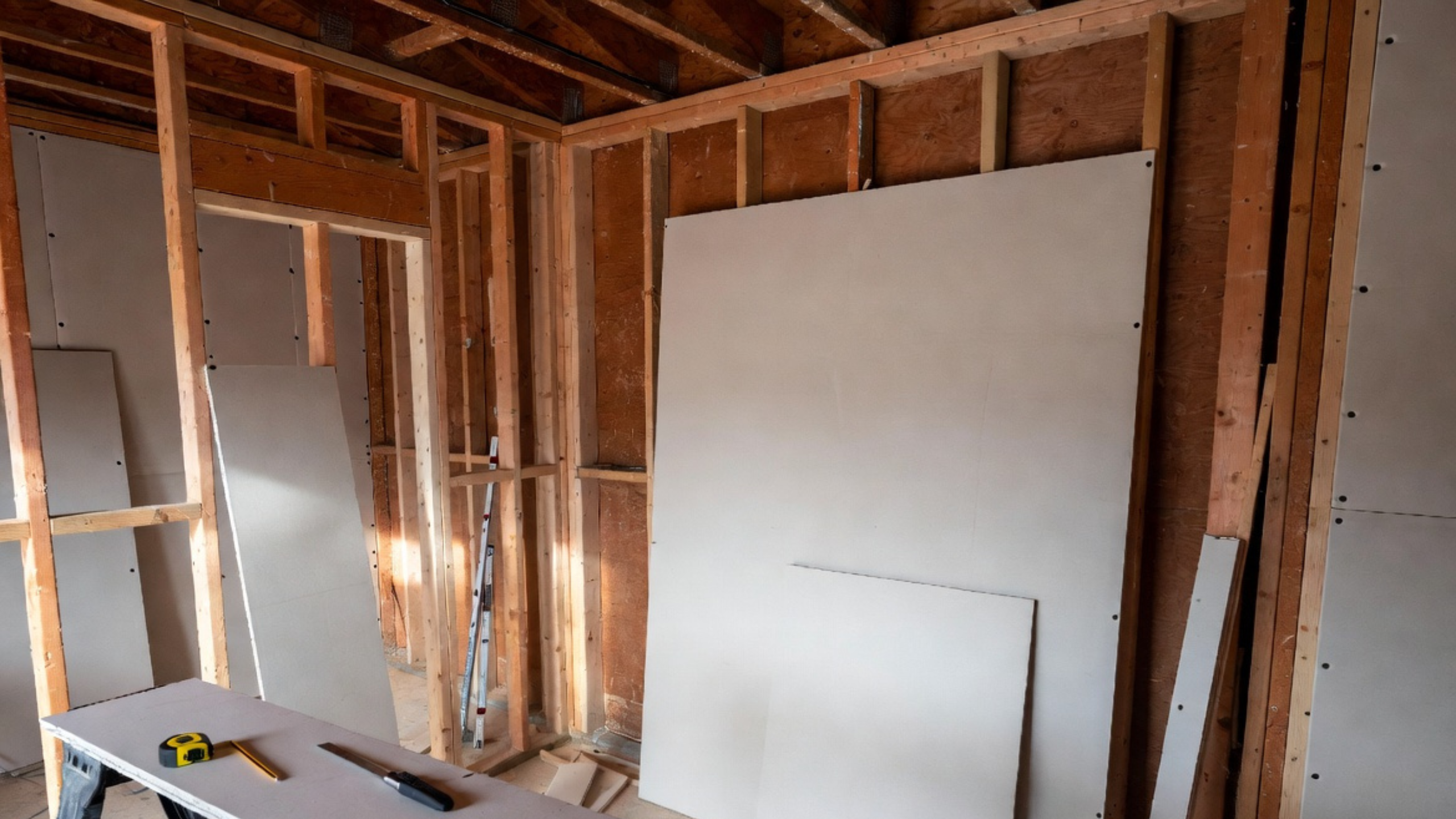 Drywall sheets staged in a renovation room before installation with exposed framing and layout tools.