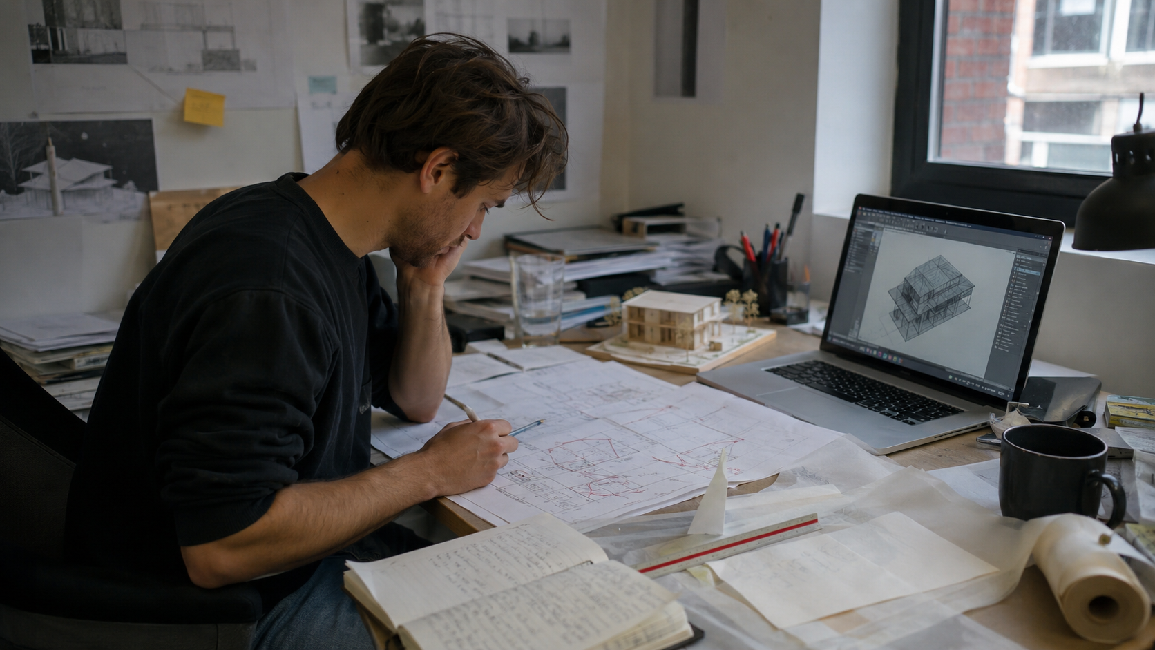 Entry-level architecture worker reviewing redlined drawings and a digital building model at a cluttered studio desk.