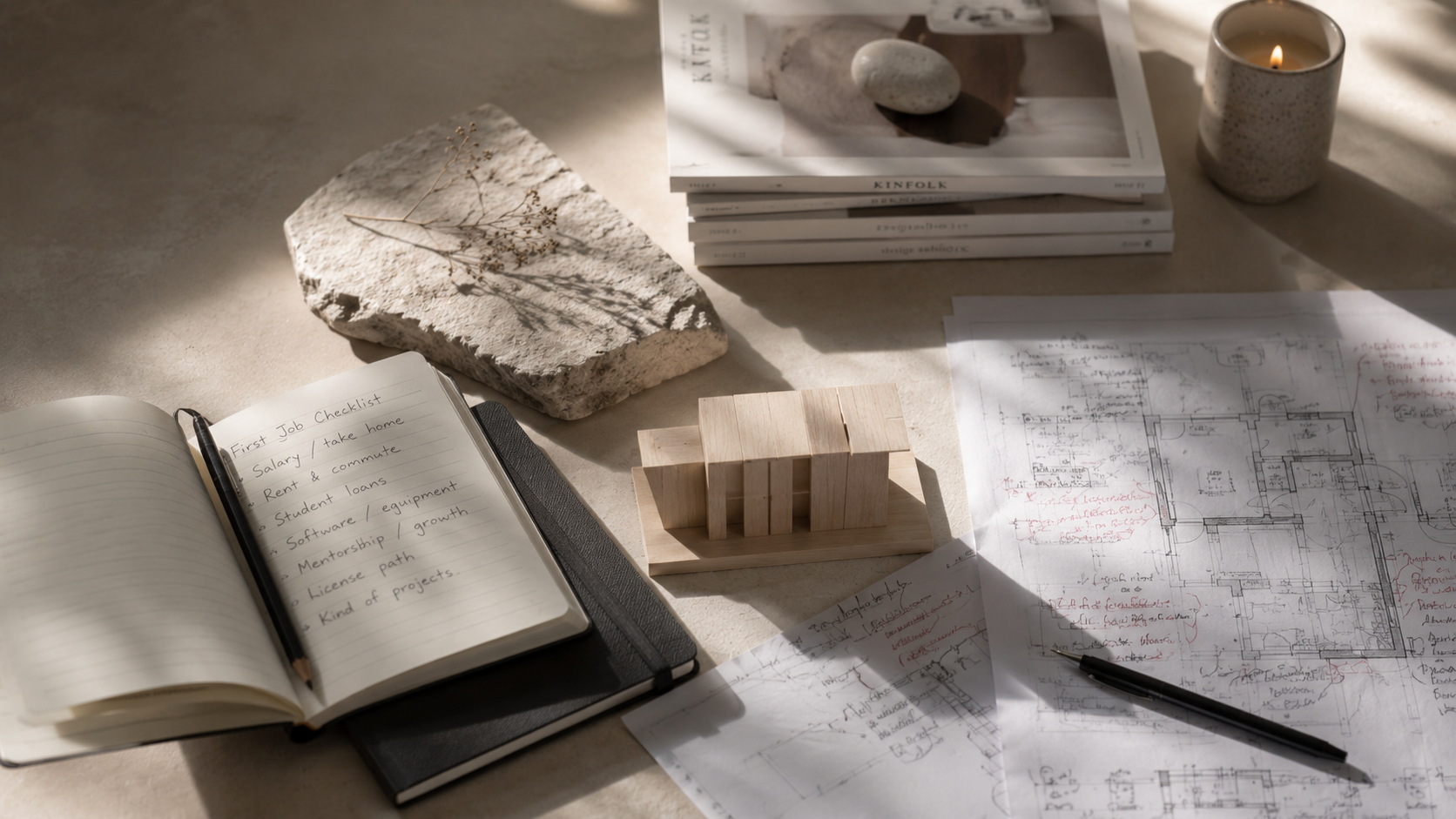 Architecture model, drawings, ruler, and first-job checklist on a quiet studio table.