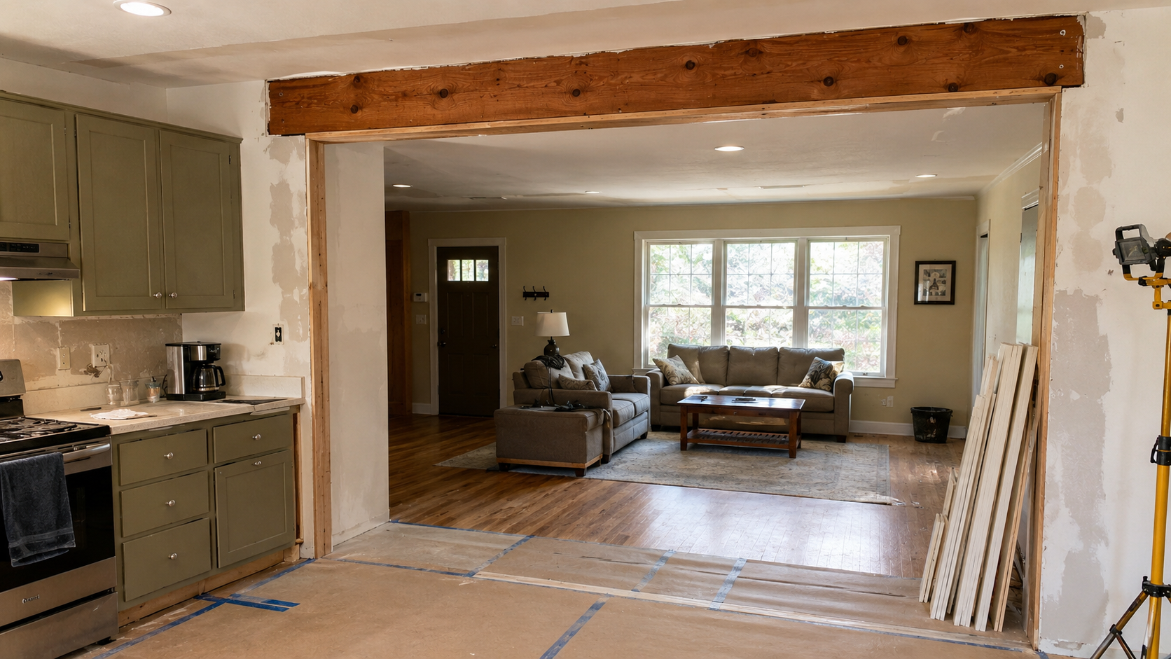 Exposed beam opening between kitchen and living room after wall removal.