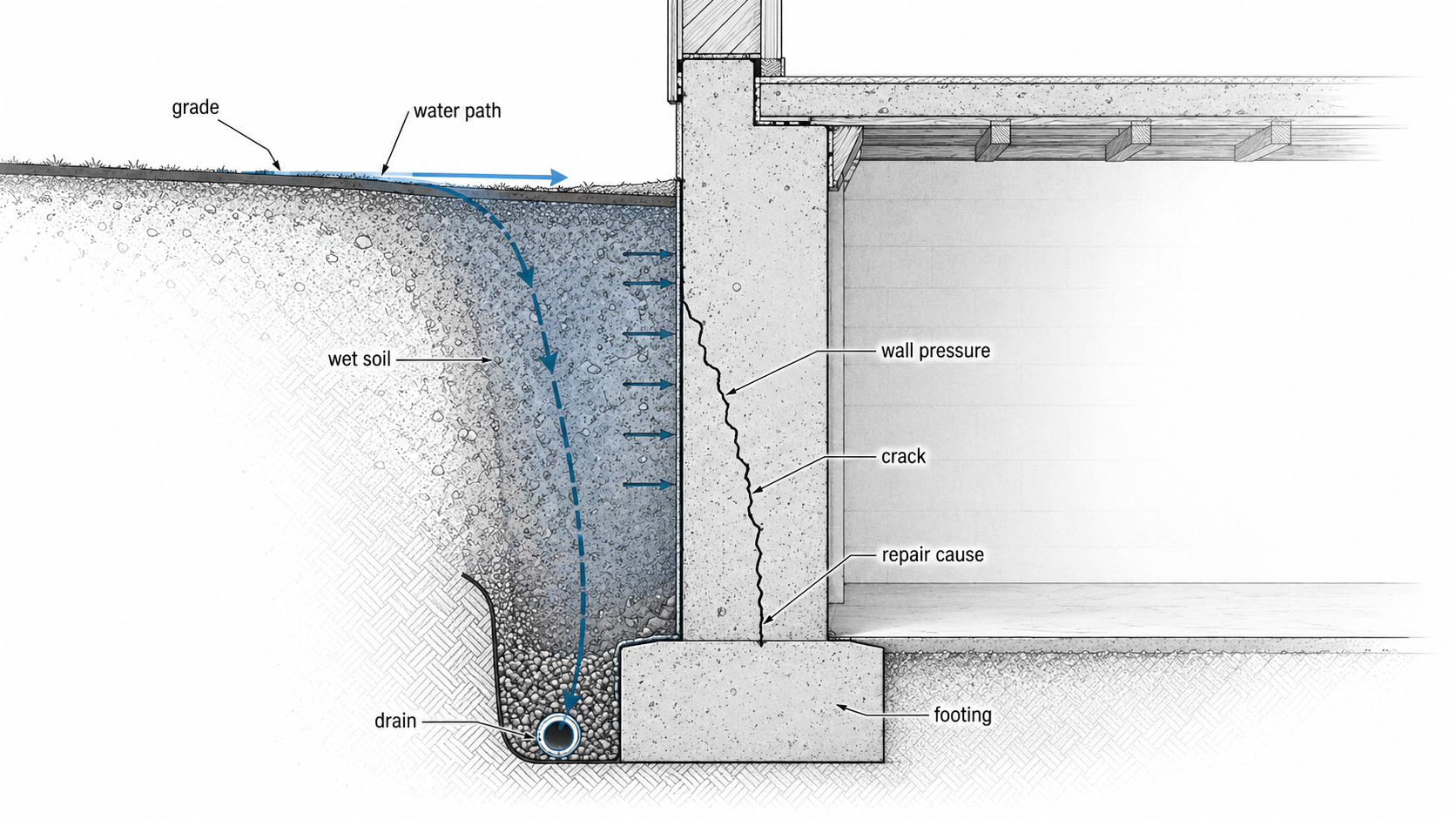 Foundation wall section diagram showing exterior water pressure, wet soil, a crack path, footing, and drainage correction.