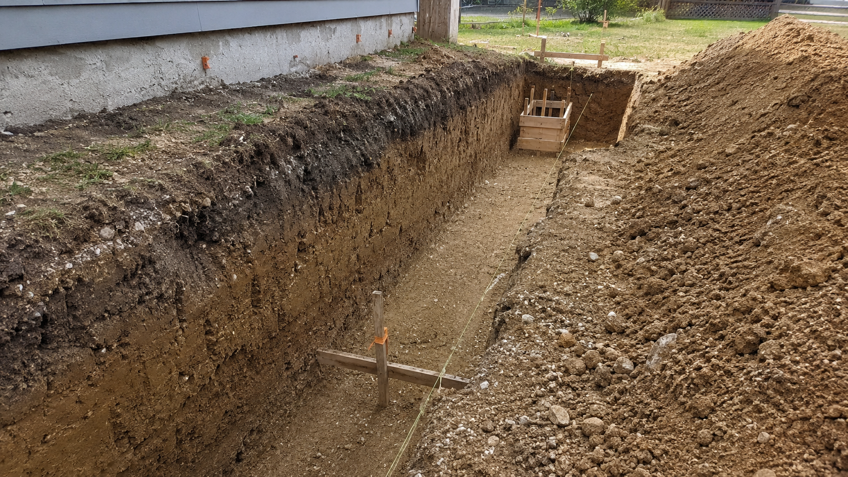 Foundation excavation trench beside a house showing trench depth, soil layers, string lines, and footing layout before concrete placement.