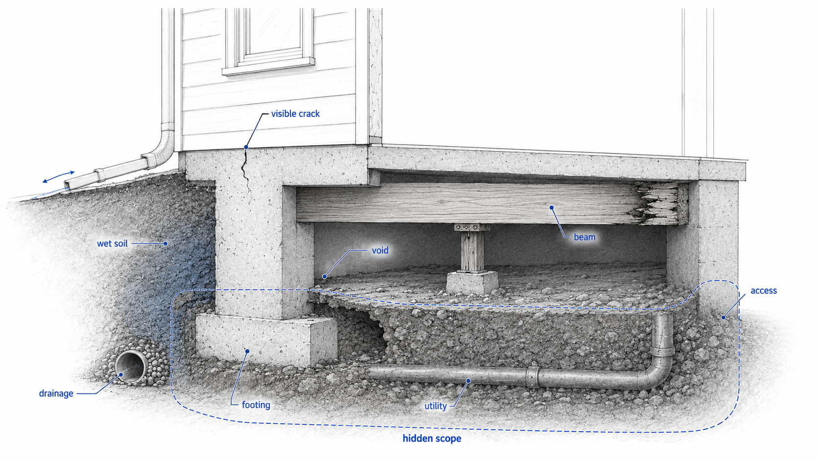 Foundation section diagram showing visible cracking with hidden repair cost drivers such as wet soil, voids, drainage, footing issues, access, beams, and utilities.
