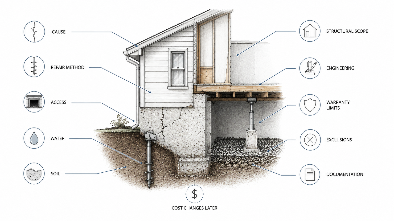 Foundation repair quote checklist diagram showing cause, repair method, access, water, soil, structural scope, engineering, warranty limits, exclusions, documentation, and cost changes.