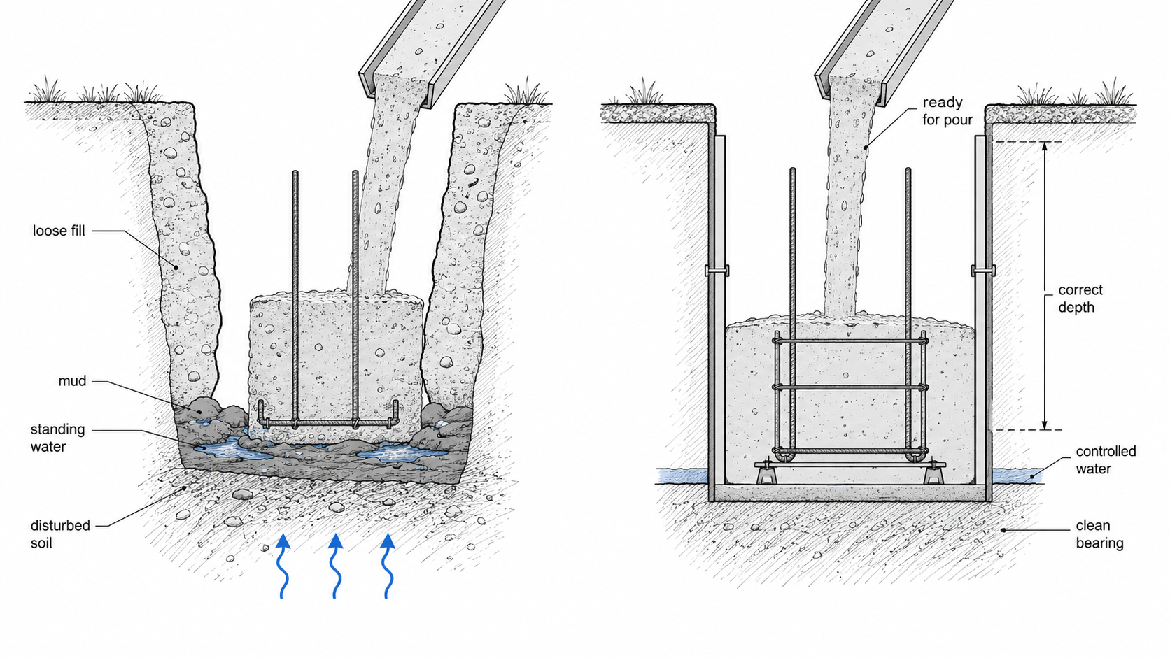 Comparison diagram showing a poor footing trench with loose fill, mud, standing water, and disturbed soil versus a clean trench at correct depth ready for pour.
