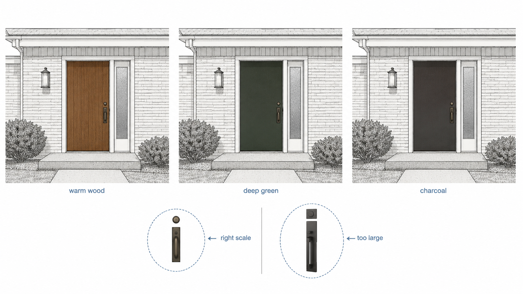 Diagram showing 1970s front door color and hardware choices with brick, glass, and trim.