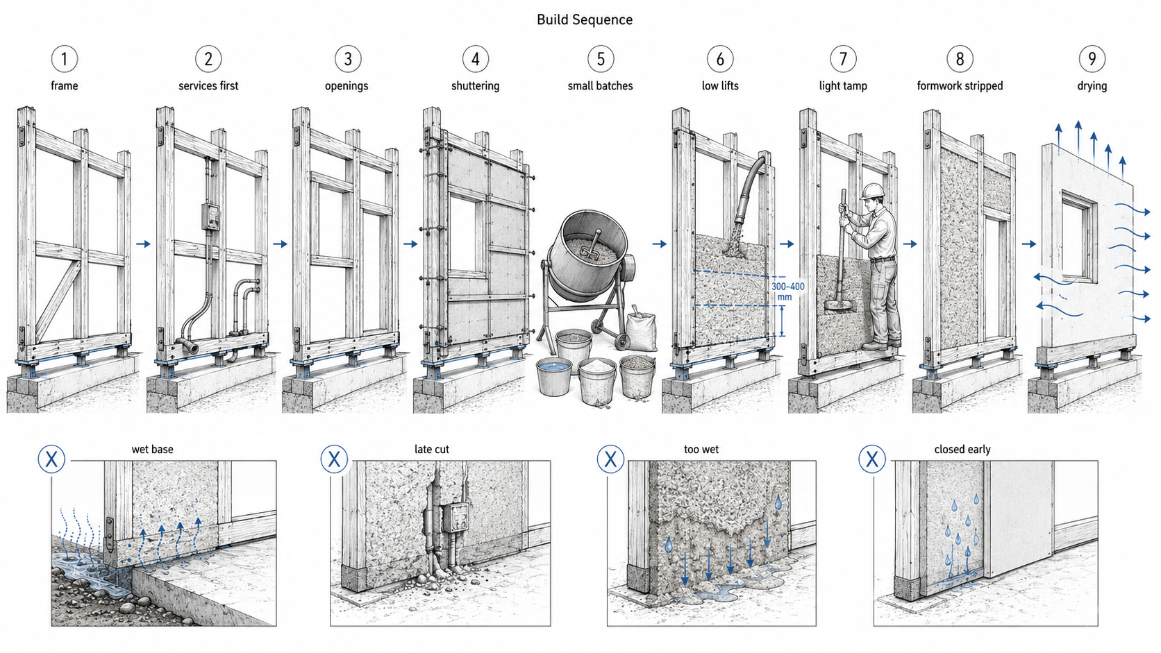 Diagram showing the cast-in-place hempcrete build sequence from frame, services, openings, shuttering, mixing, low lifts, light tamping, drying, and common failures.